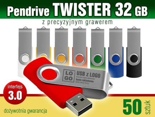 Pendrive Twister 3.0 - 32 GB z grawerem lub nadrukiem full kolor CMYK - pakiet 50 szt.