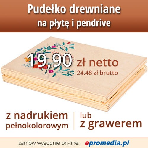 Pudełko drewniane na płytę CD / DVD oraz na pendrive. Nadruk full kolor lub grawer.