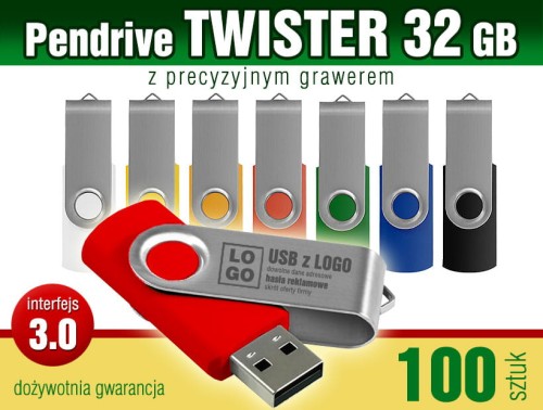 Pendrive Twister 3.0 - 32 GB z grawerem lub nadrukiem full kolor CMYK - pakiet 100 szt.