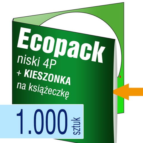Ecopacki niskie 4P z kieszonką na książeczkę, jednołamowe, 1 płyta - druk pełnokolorowy - 1.000 szt.