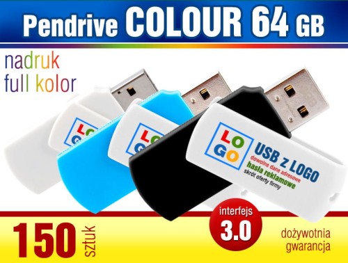 Pendrive COLOUR 3.0, 64 GB z nadrukiem full kolor - komplet 150 szt.