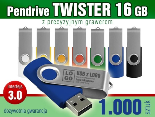 Pendrive Twister 3.0 - 16 GB z grawerem lub nadrukiem full kolor CMYK - pakiet 1.000 szt.