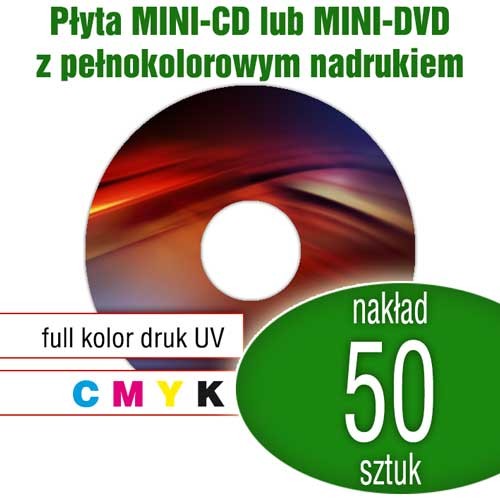nmini_50_uv_1Płyty MINI-CD lub MINI-DVD (do wyboru) z pełnokolorowym nadrukiem cyfrowym UV - 50 szt.